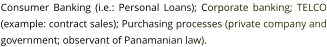 Consumer Banking (i.e.: Personal Loans); Corporate banking; TELCO (example: contract sales); Purchasing processes (private company and government; observant of Panamanian law).