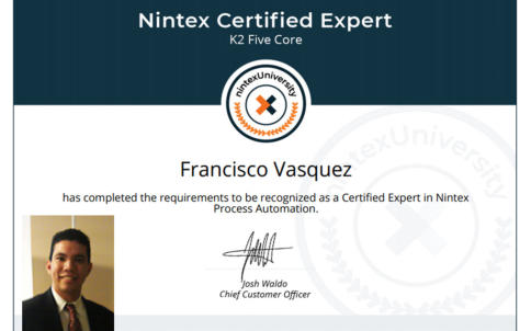 Certificate of Francisco Vasquez for becoming a certified expert in K2 - Nintex