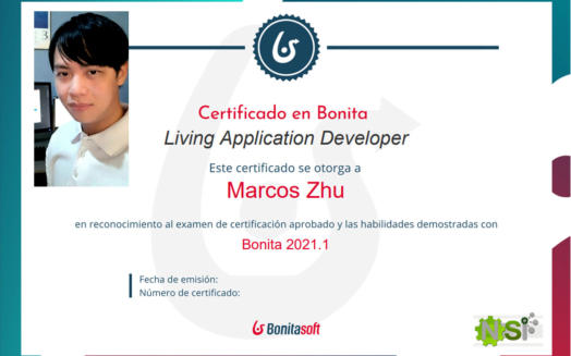 Certificate of Marcos Zhu for becoming a certified Bonitasoft Living Application Developer in 2021