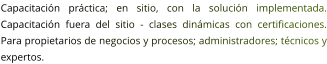 Capacitación práctica; en sitio, con la solución implementada. Capacitación fuera del sitio - clases dinámicas con certificaciones. Para propietarios de negocios y procesos; administradores; técnicos y expertos.